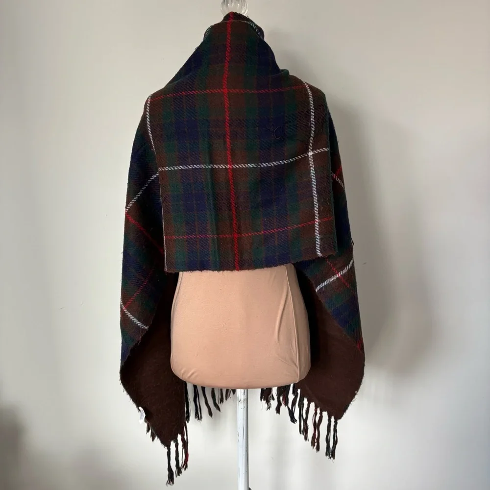 Christian Dior Vintage Acrylic Knit Brown Blue Plaid Fringe Trim Scarf One Size